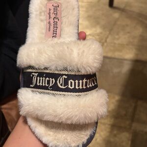 Juicy Couture Cream and Black Plush Slides